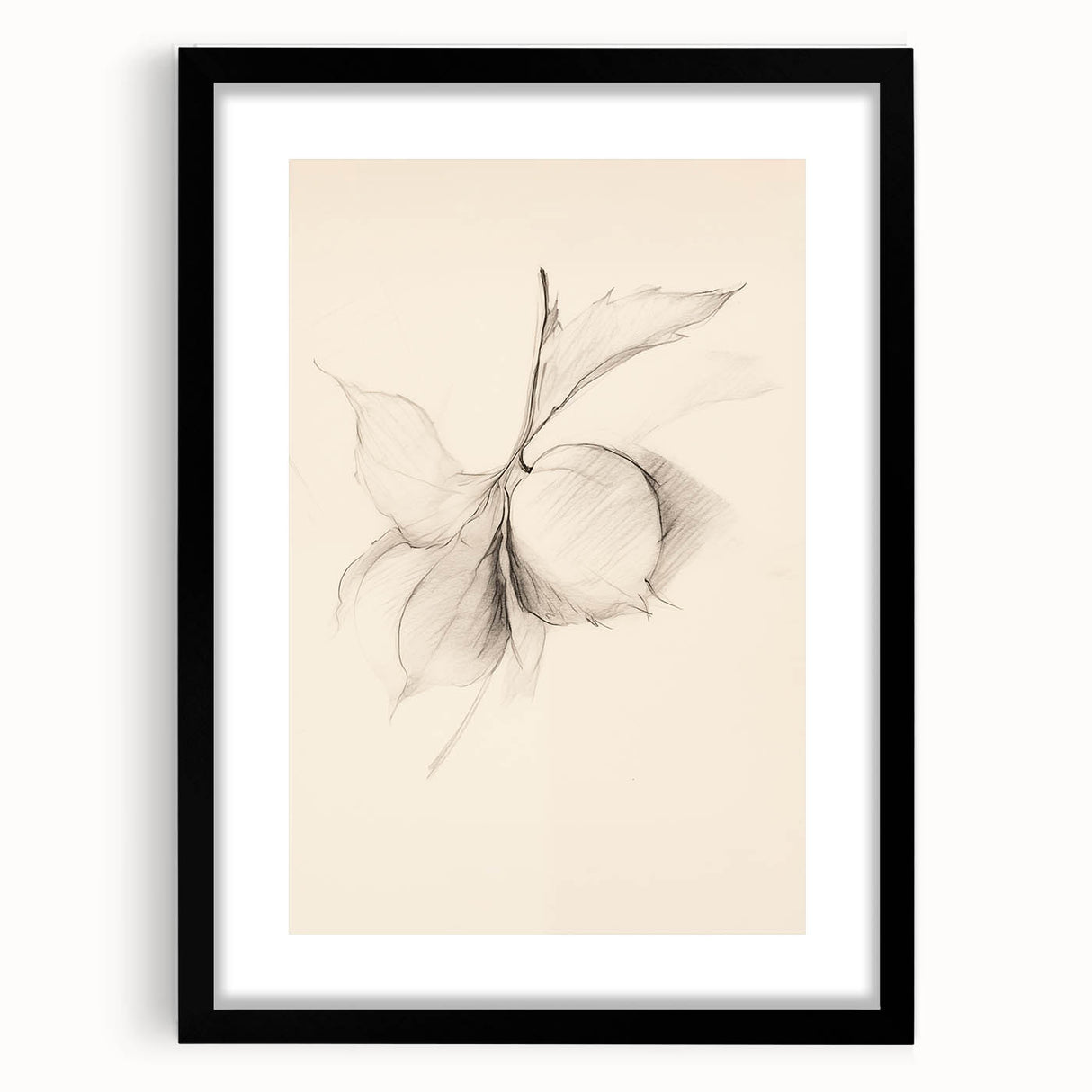 Abstract minimalist wall art print showcasing a sleek black frame with a mat, featuring geometric shapes and neutral tones, perfect for modern decor.