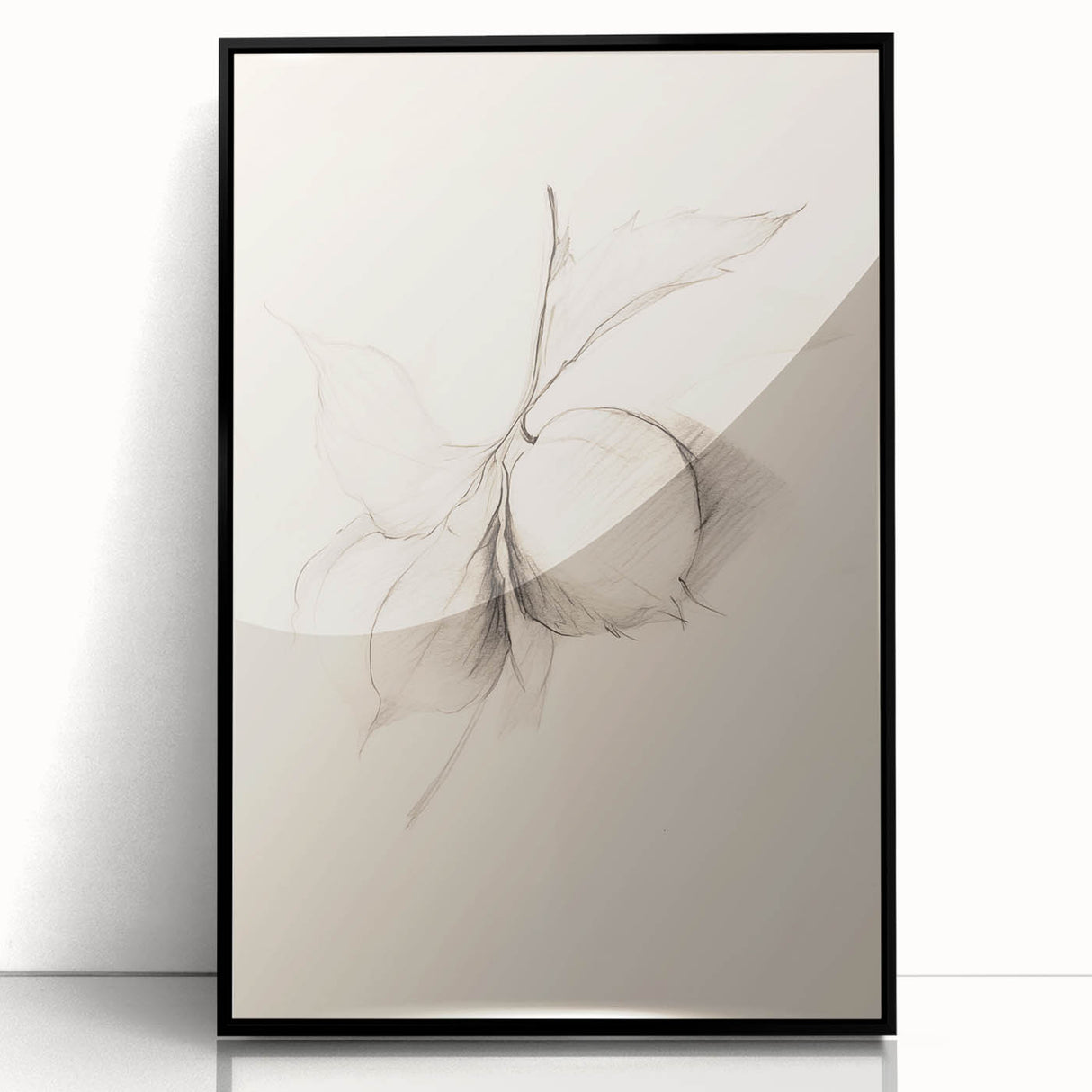 Framed abstract minimalist wall art featuring a sleek black design, perfect for modern home decor, showcasing elegant lines and shapes against a neutral background.
