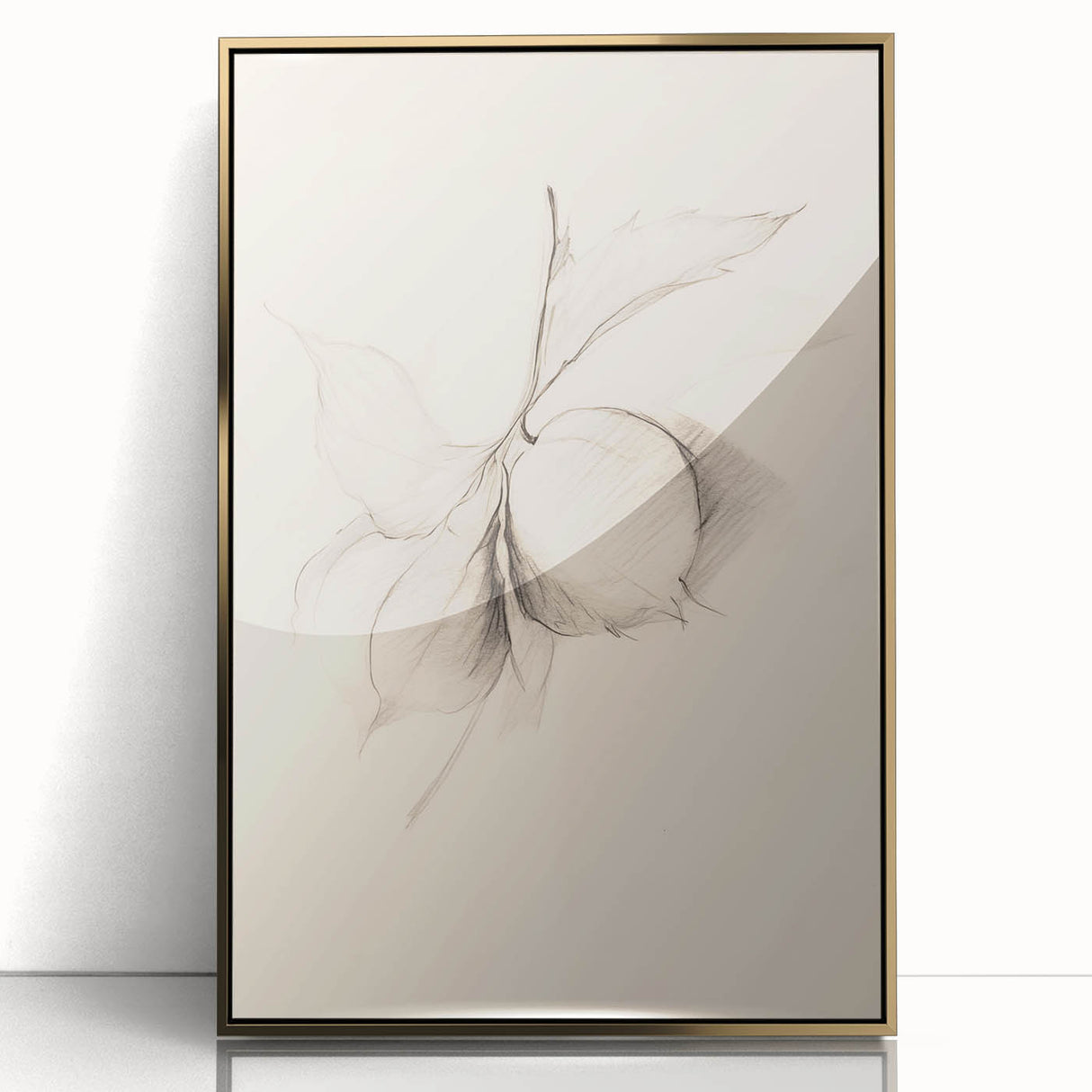 Framed minimalist wall art featuring an abstract design in gold accents, set against a white background, ideal for modern home decor and stylish interiors.