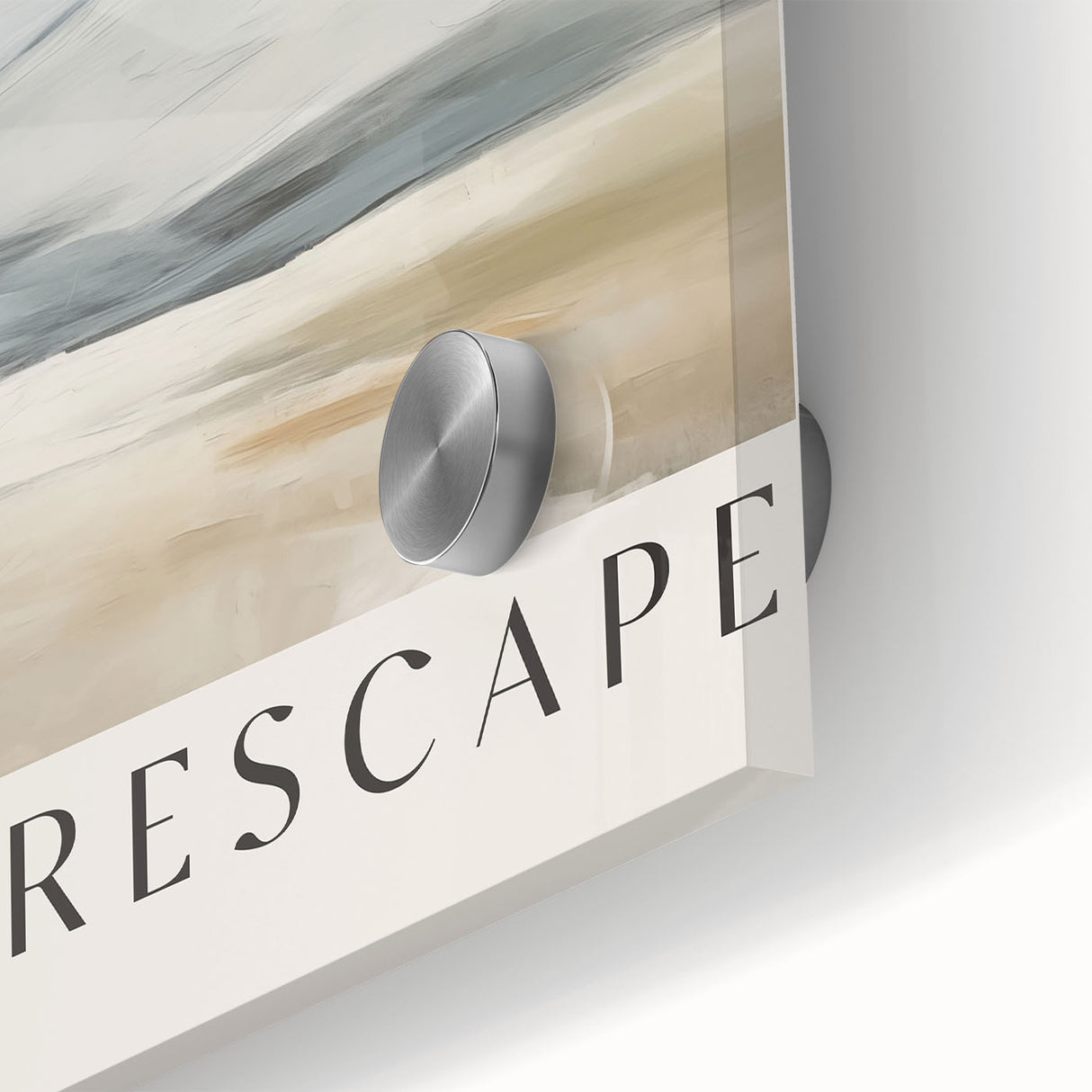 Close-up of an abstract minimalist wall art piece featuring fluid lines and soft colors, displayed in a sleek acrylic glass frame, perfect for modern decor.