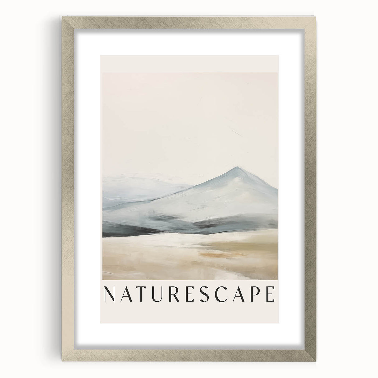 Abstract minimalist wall art piece featuring a silver frame and mat, showcasing geometric shapes and muted colors, perfect for modern home decor. The artwork adds a touch of elegance and sophistication, ideal for living rooms or offices.