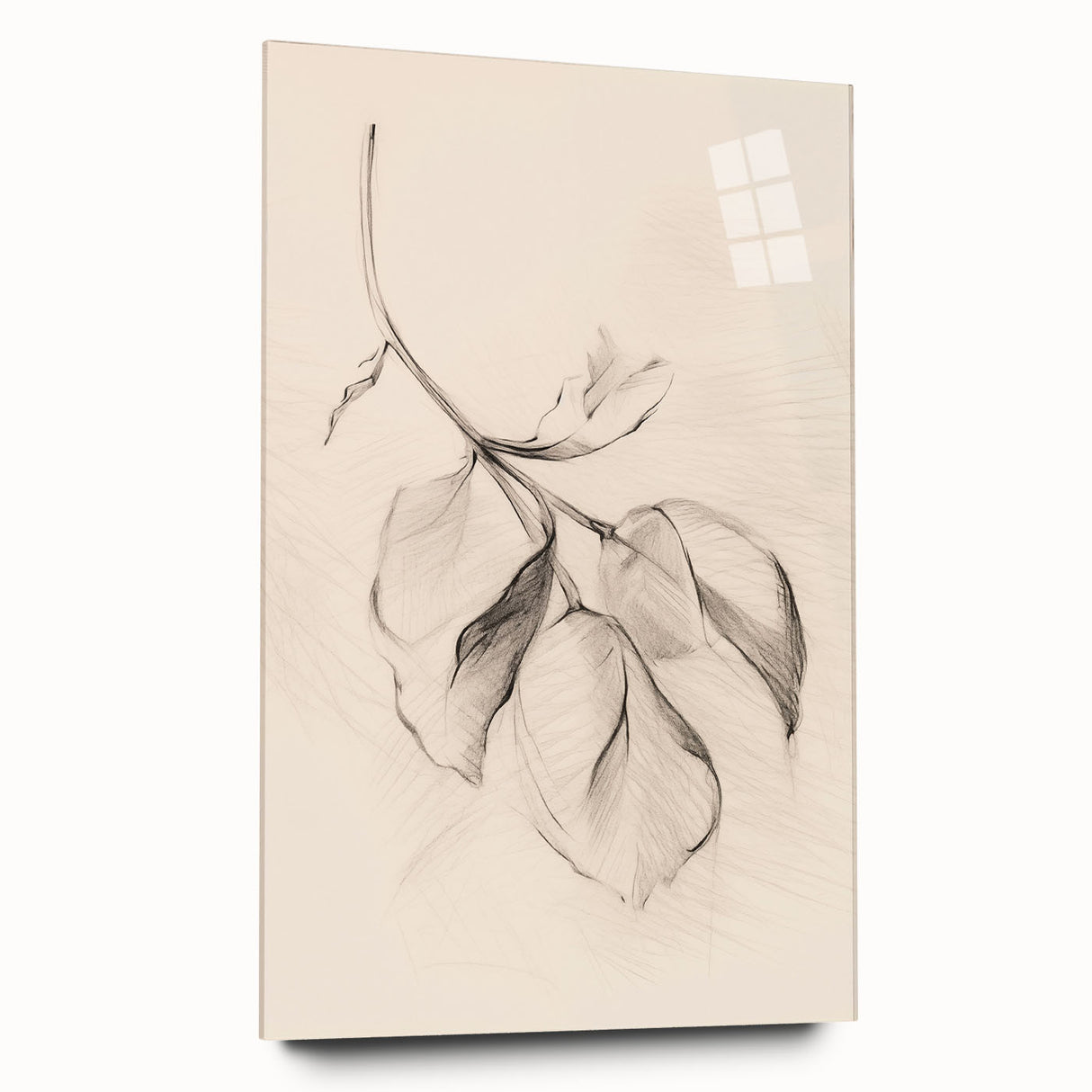 Acrylic glass wall art displaying an abstract minimalist design with soft pastel colors and geometric shapes, presented in a sleek side view without pins, perfect for modern decor.