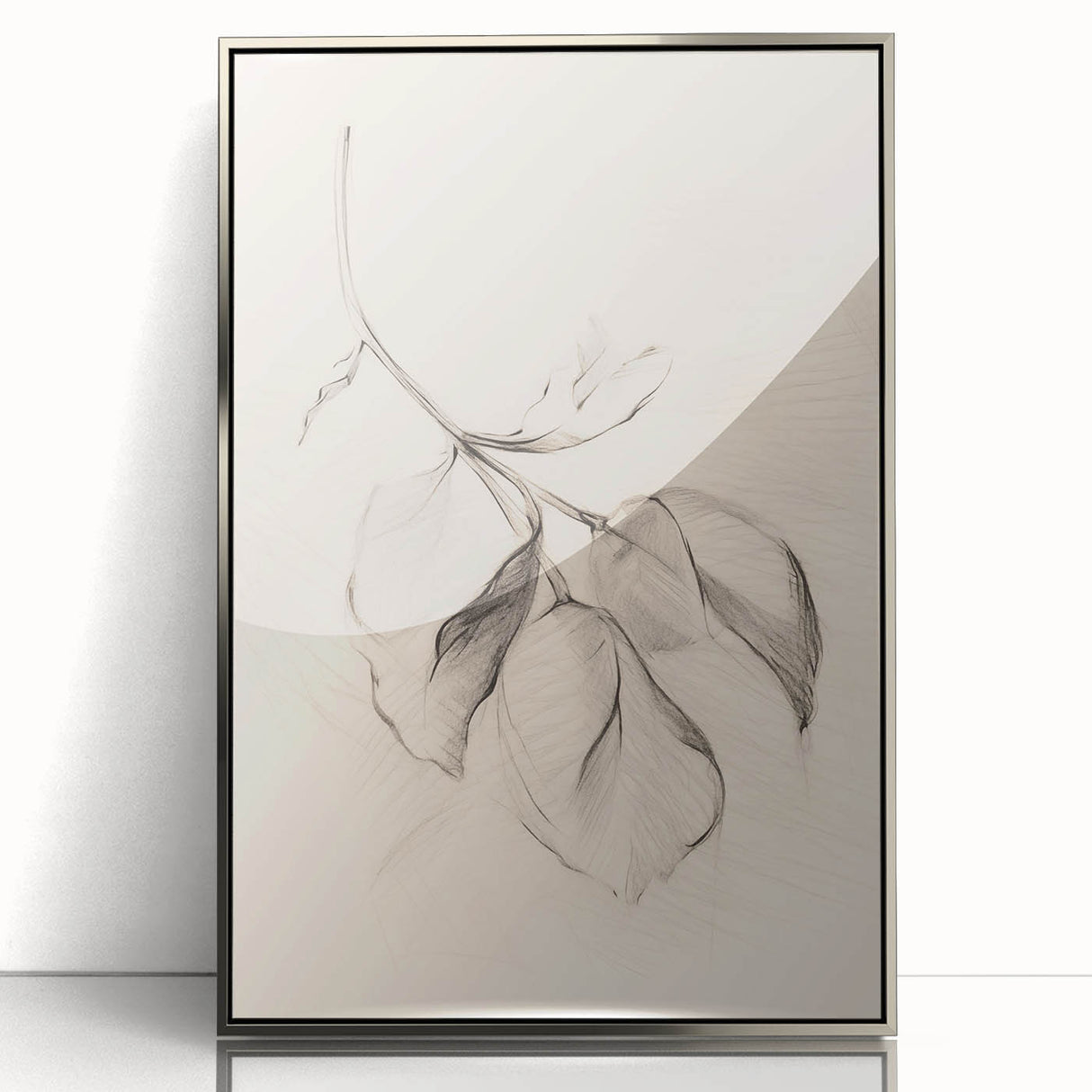 Framed acrylic wall art featuring an abstract minimalist design with silver accents, set against a soft gray background, perfect for modern home decor.