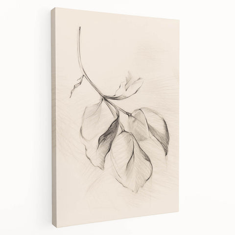 Stretched canvas artwork showcasing an abstract minimalist design with soft tones of beige and gray, displayed from a side view to highlight its depth and texture.