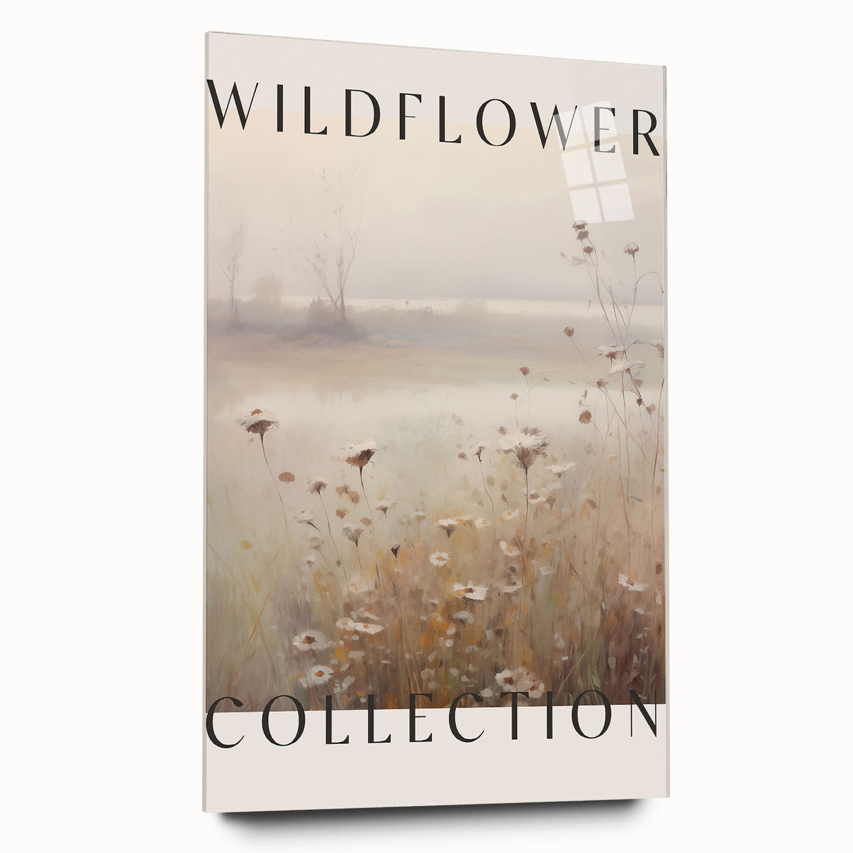 Abstract minimalist wall art collection displayed in an acrylic glass frame, showcasing a side view of the design with a clean, modern aesthetic and soft color palette.