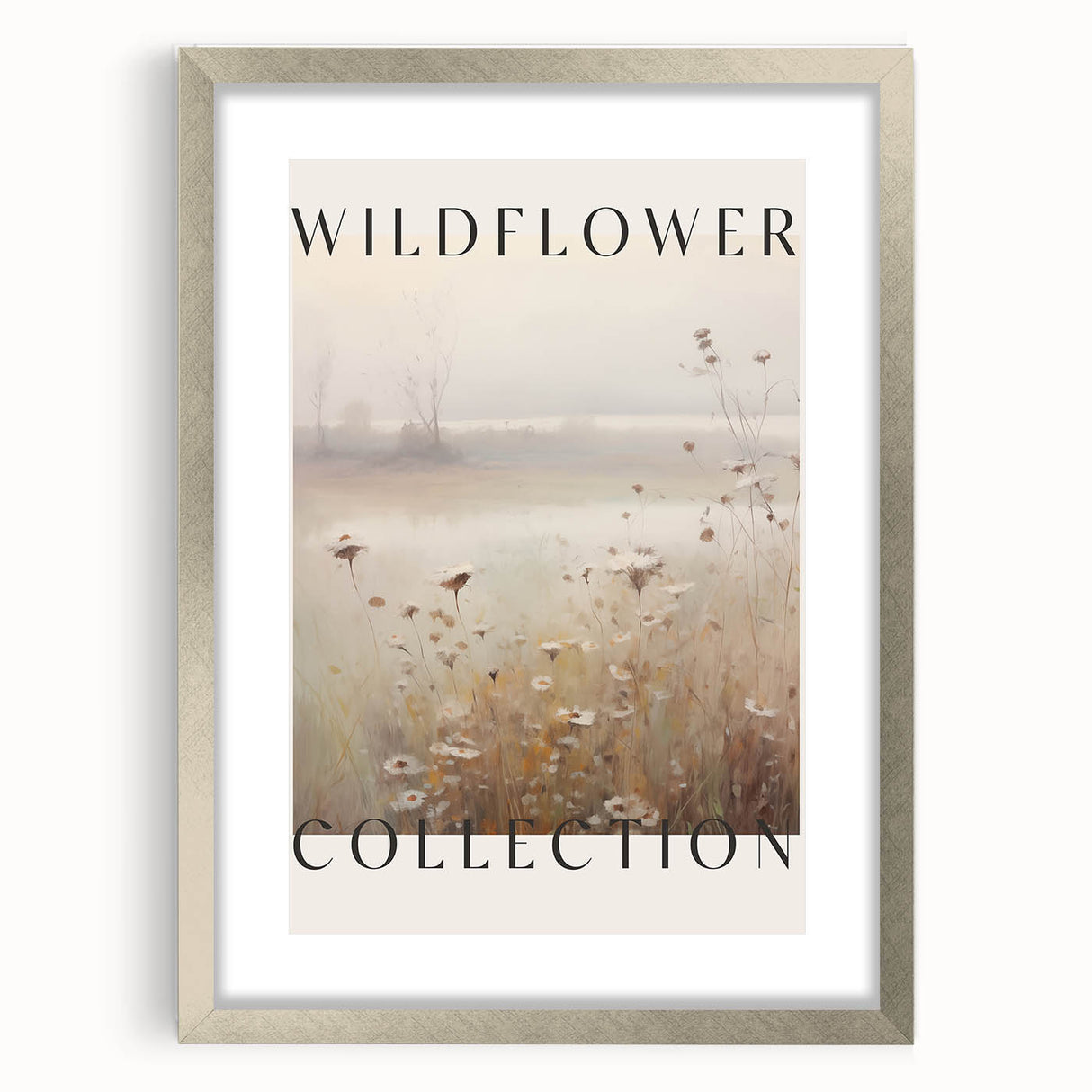 Abstract minimalist wall art design featuring a silver-framed piece with a mat, showcasing elegant shapes and subtle colors, perfect for modern decor.