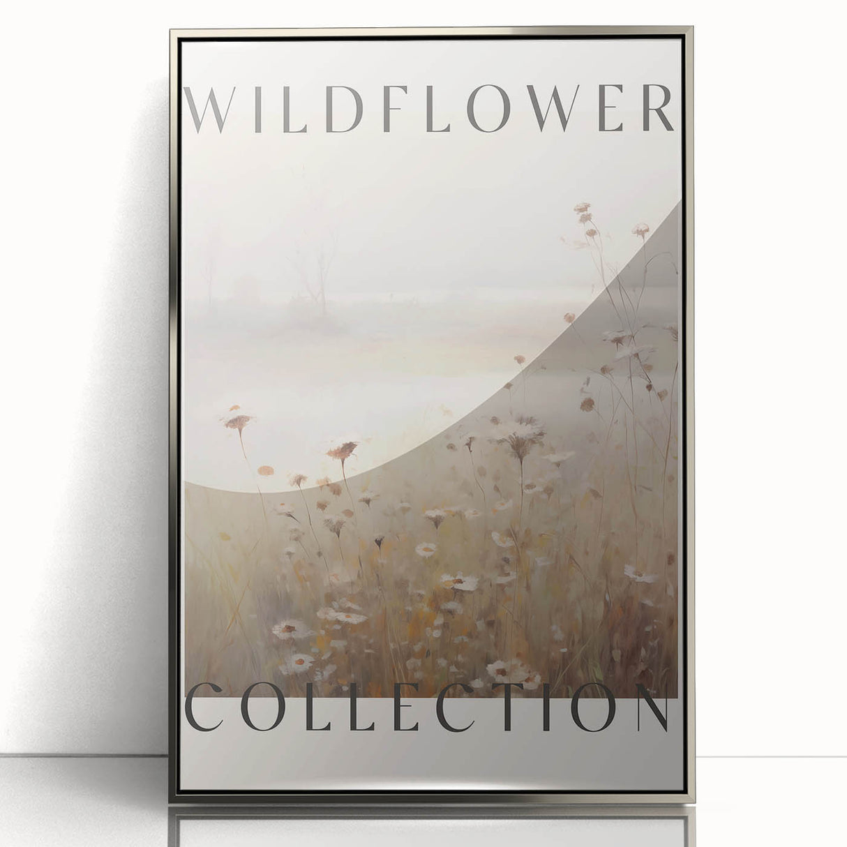 Framed wall art featuring an abstract minimalist design in silver acrylic, showcasing sleek lines and geometric shapes, ideal for modern decor.