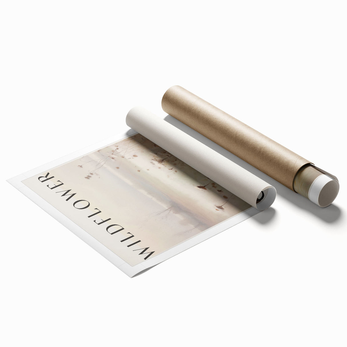 Abstract minimalist wall art print showcasing soft earth tones and geometric shapes, rolled in a protective cardboard tube for easy shipping and display.