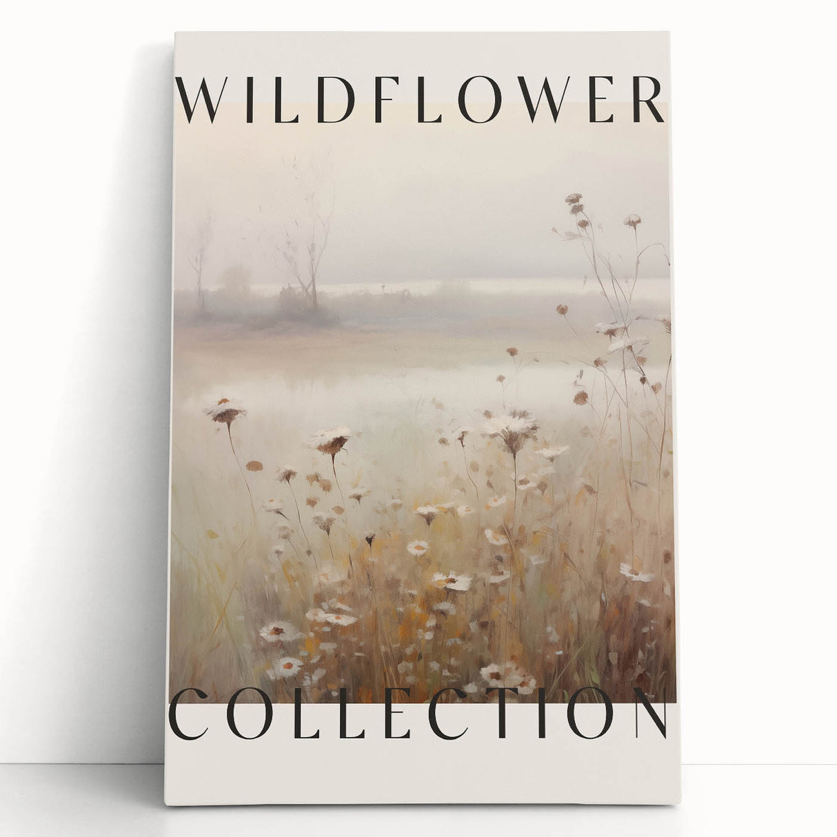 Abstract minimalist wall art collection showcasing a stretched canvas design with soft neutral tones, elegantly leaning against a wall, perfect for modern decor.