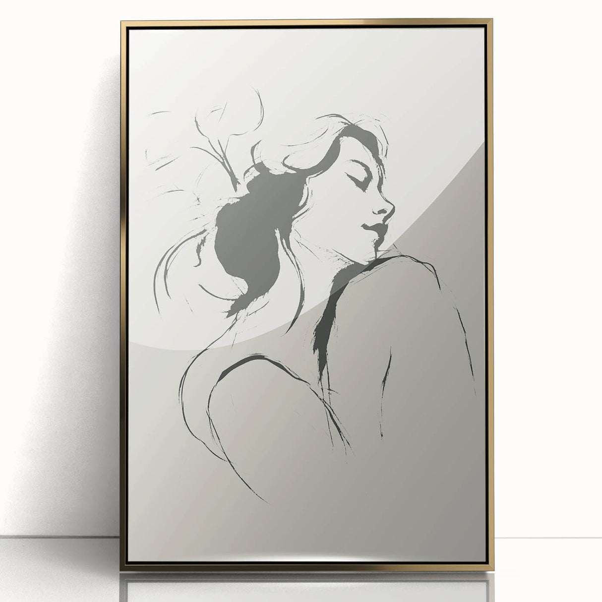 Framed acrylic wall art featuring an abstract minimalist design with gold accents, perfect for modern decor. Ideal for enhancing living spaces with elegance.