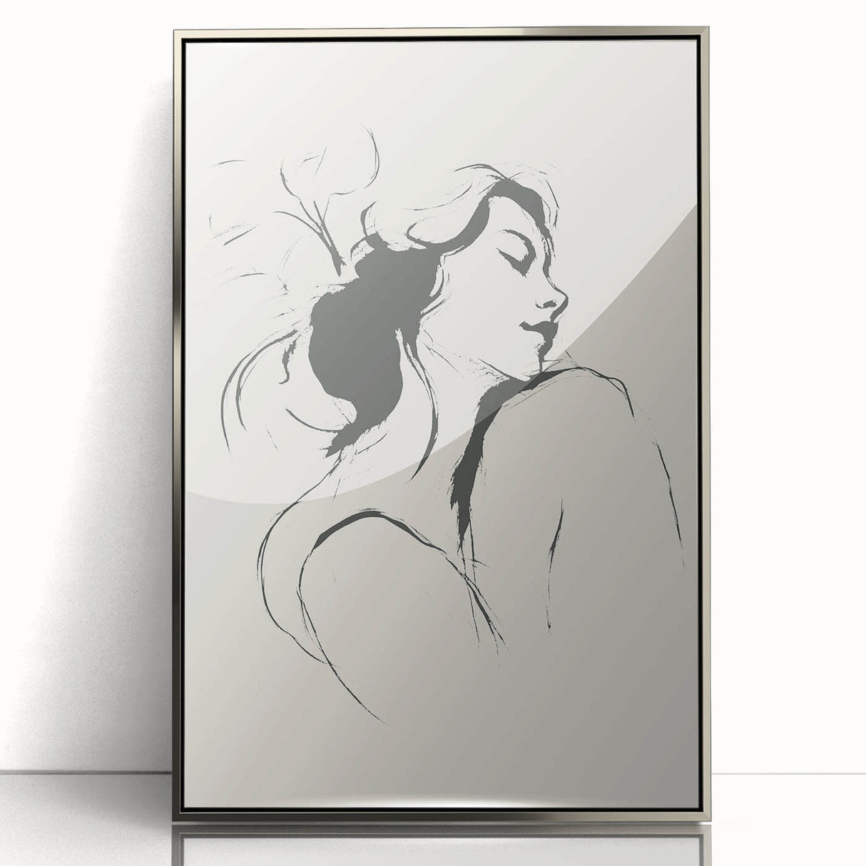 Framed acrylic wall art featuring an abstract minimalist design in silver tones, showcasing geometric shapes and clean lines, perfect for modern home decor.