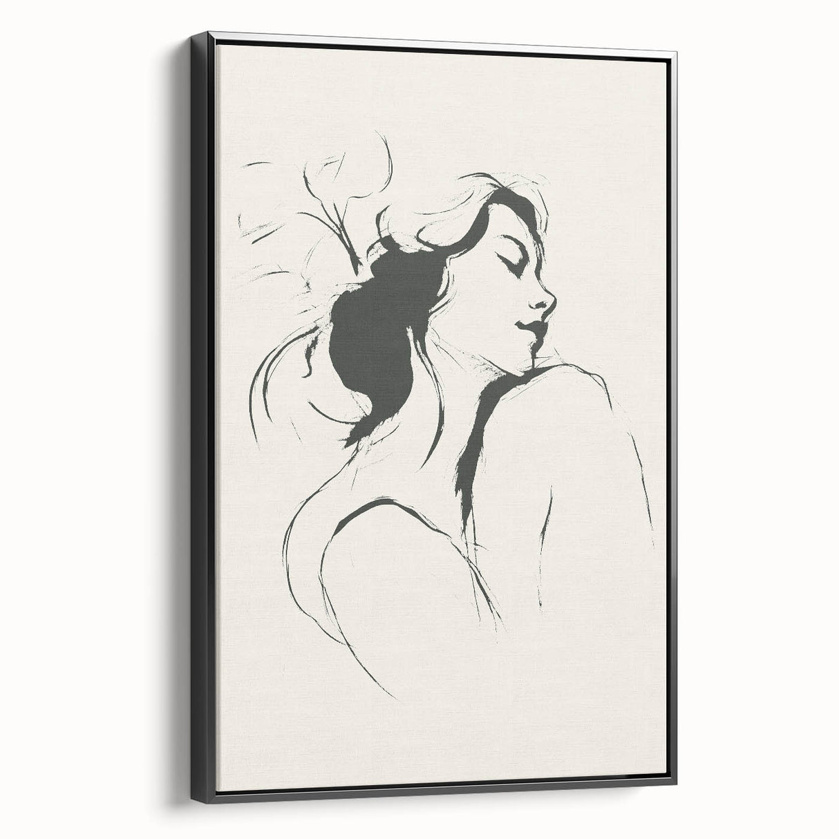 Framed abstract minimalist wall art in a sleek black frame, showcasing a contemporary design with soft neutral tones, perfect for modern interior decor.