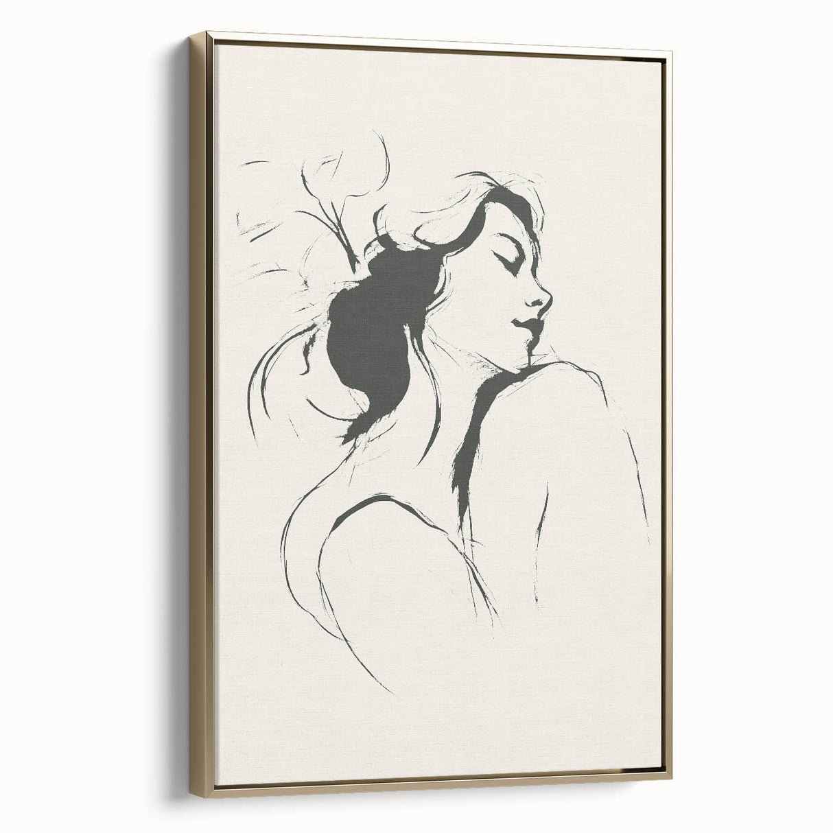 Framed canvas wall art showcasing an abstract minimalist design with gold accents, viewed from the side to highlight its sleek profile and modern aesthetic, perfect for contemporary decor.