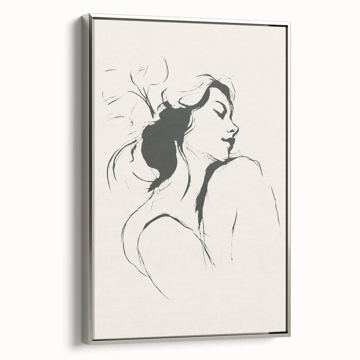 Framed canvas artwork showcasing an abstract minimalist design with silver accents, presented from a side view to highlight its sleek profile and modern aesthetic.
