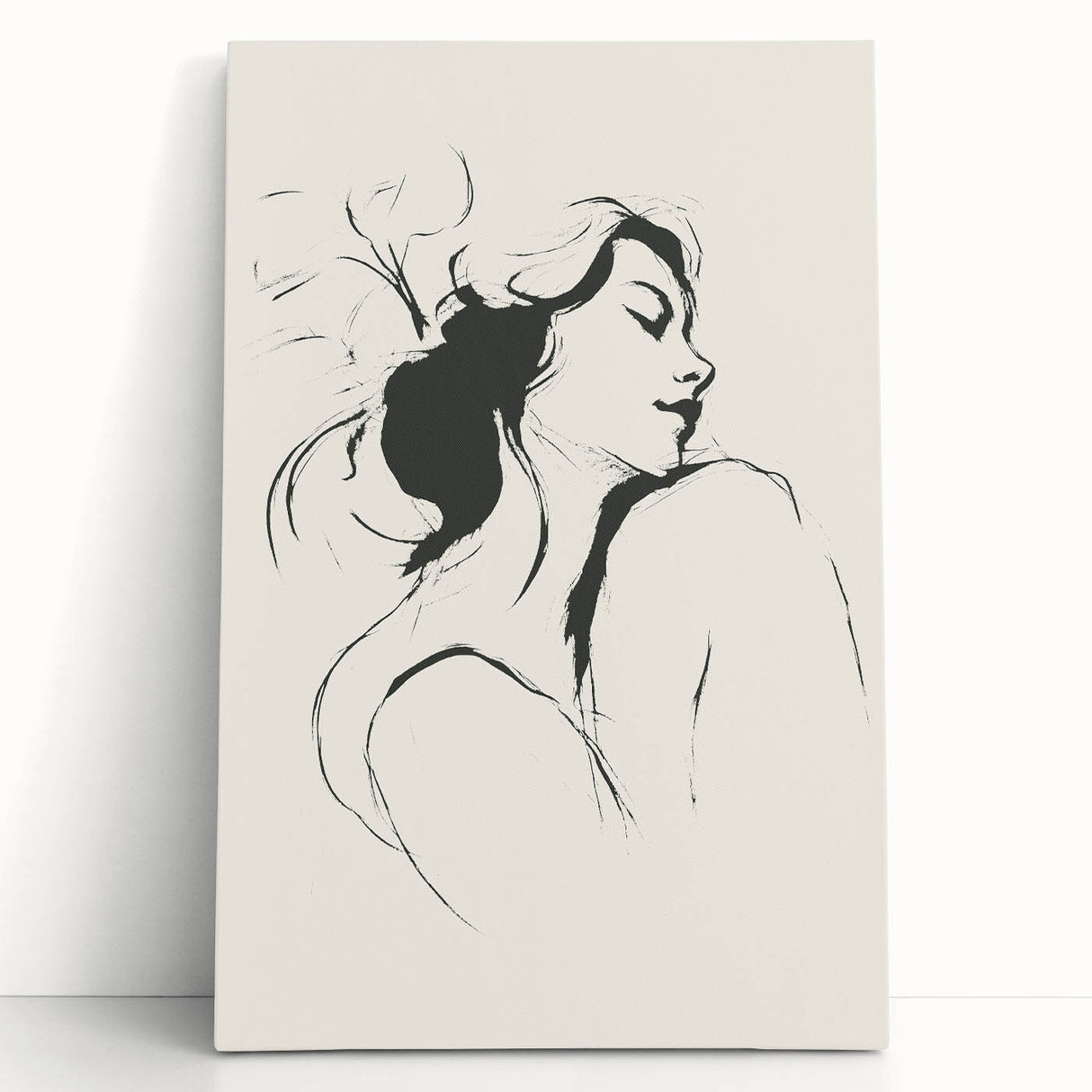 Abstract minimalist wall art collection displayed on a stretched canvas, featuring soft blue and beige tones, leaning against a white wall, perfect for modern decor.