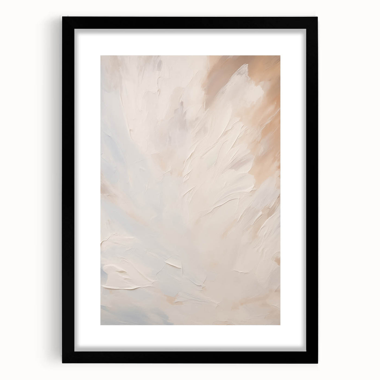 Minimalist black-framed wall art featuring an abstract design with soft colors, displayed in a stylish setting, perfect for modern home decor. Ideal for enhancing interior aesthetics.