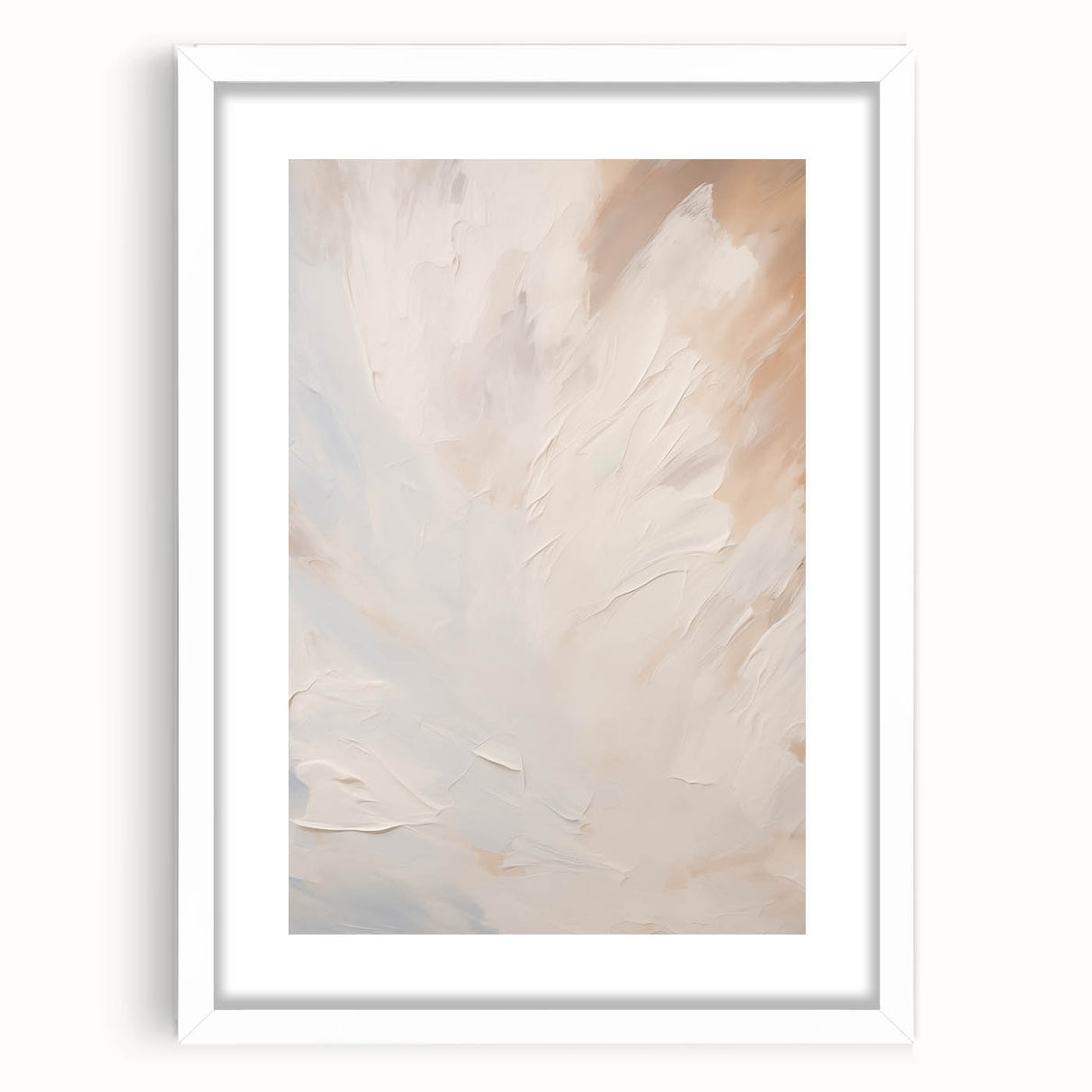 Minimalist abstract wall art design in a white frame with a mat, showcasing geometric shapes and soft colors, ideal for modern home decor.