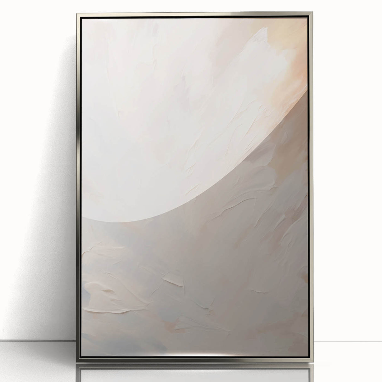 Framed abstract minimalist wall art design in silver acrylic, showcasing geometric shapes and soft color gradients, perfect for modern decor.