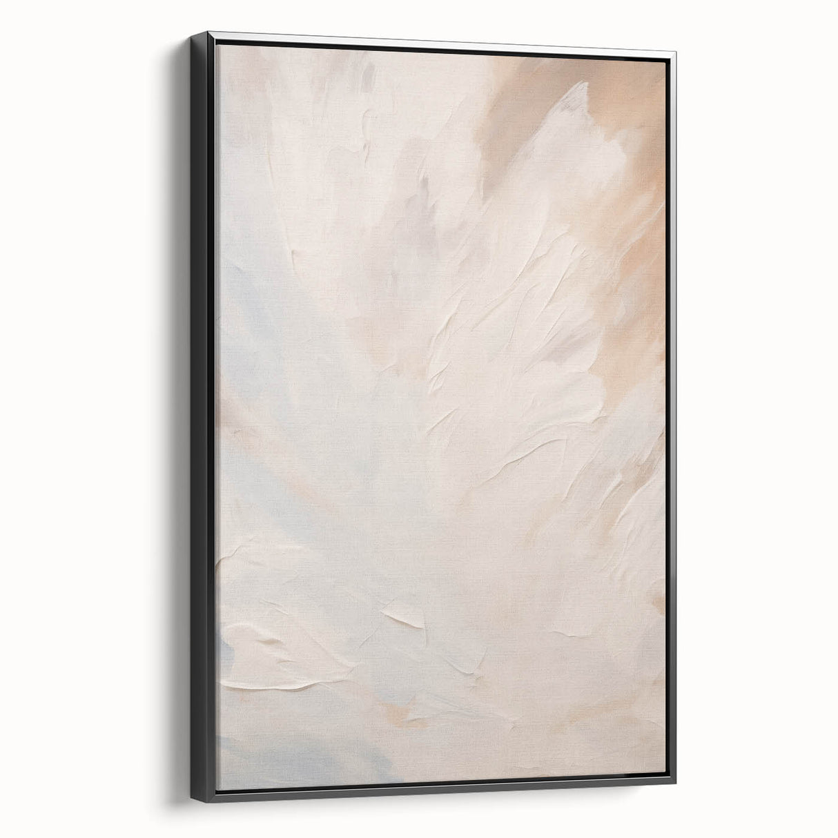 Framed canvas wall art featuring an abstract minimalist design with a black frame, showcasing geometric shapes and soft colors, perfect for modern decor.