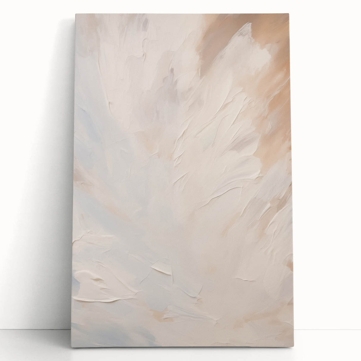 Abstract minimalist wall art design featuring soft pastel colors and geometric shapes on a stretched canvas, leaning against a neutral wall, perfect for modern home decor.
