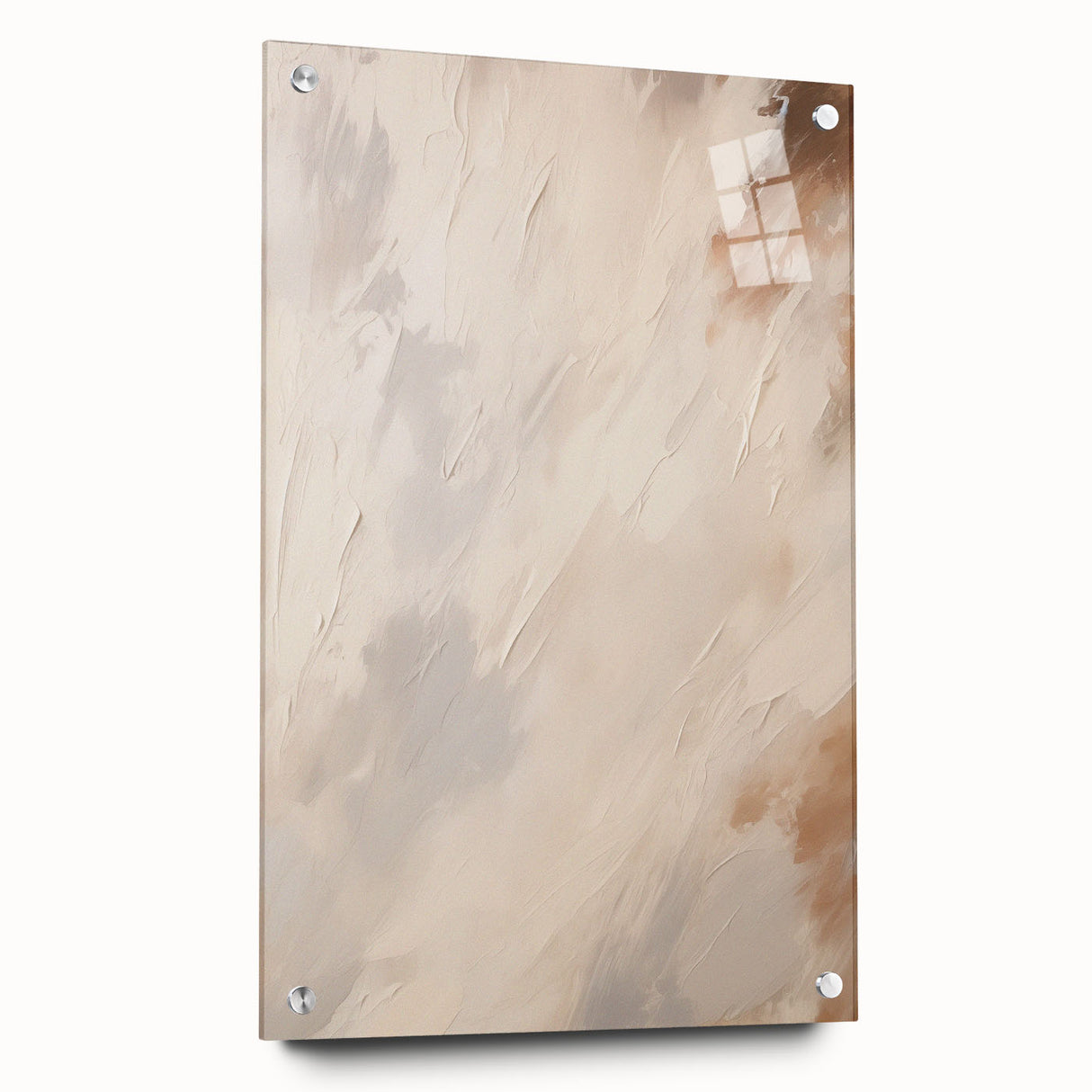 Abstract minimalist wall art collection displayed in a modern setting, showcasing a side view of acrylic glass panels secured with stylish pins, emphasizing sleek design and vibrant colors.