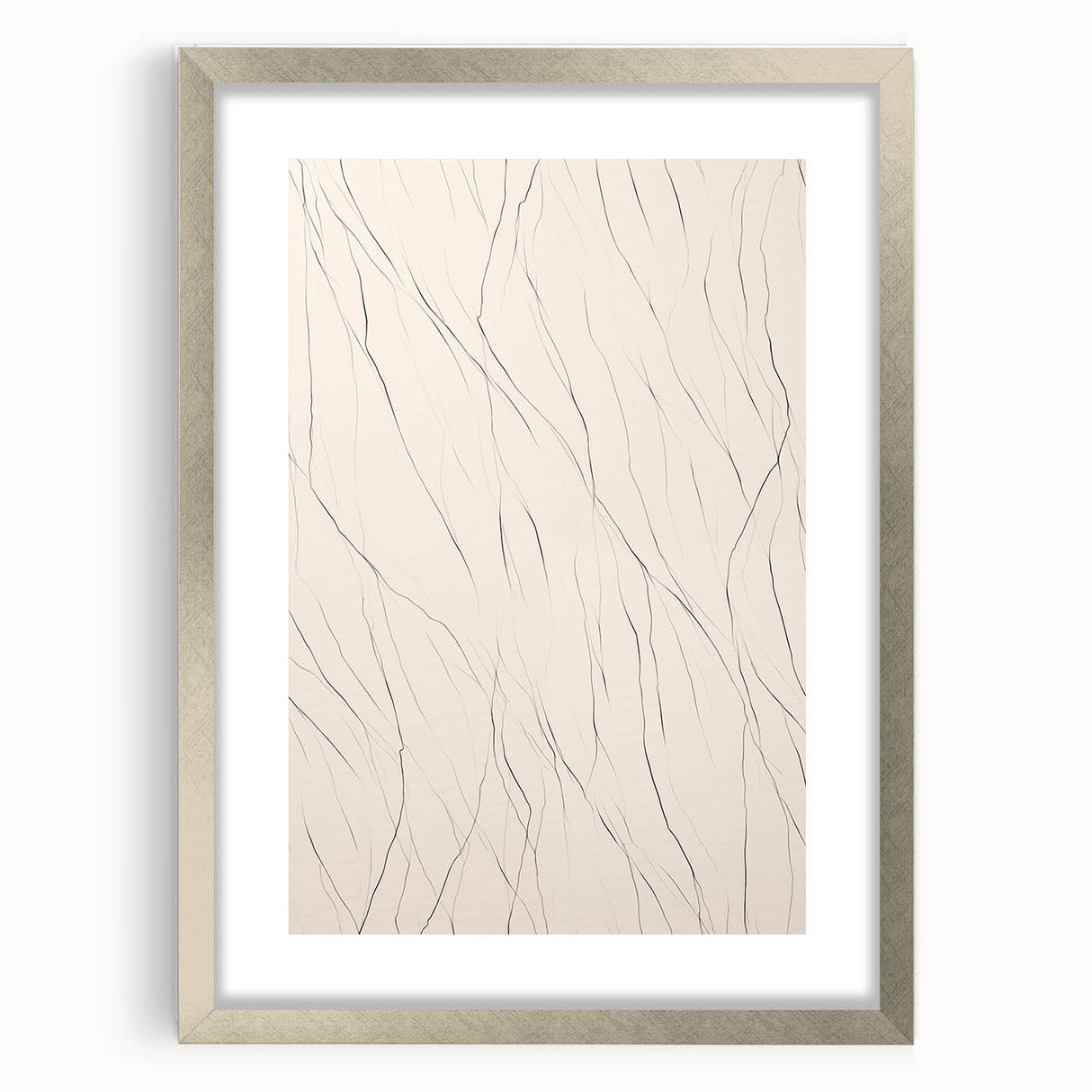Framed abstract minimalist wall art piece in silver, showcasing geometric shapes and soft color gradients, perfect for modern home decor.