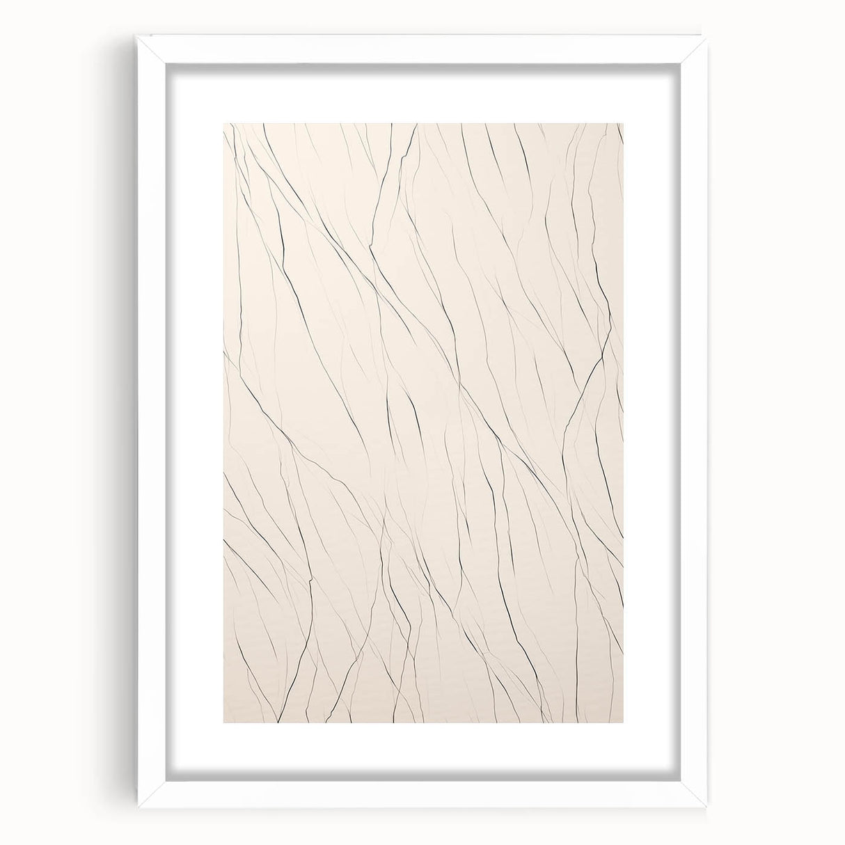 Minimalist abstract wall art design featuring a white frame and mat, showcasing geometric shapes and soft color palette, ideal for modern home decor.