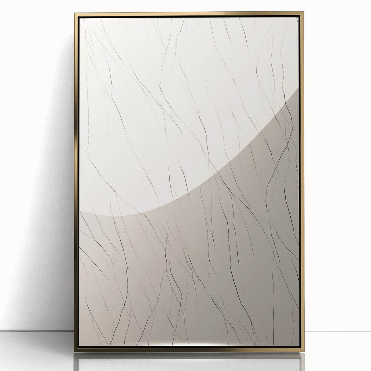 Framed abstract minimalist wall art featuring a gold acrylic finish, showcasing geometric shapes and a sleek design, perfect for modern home decor.