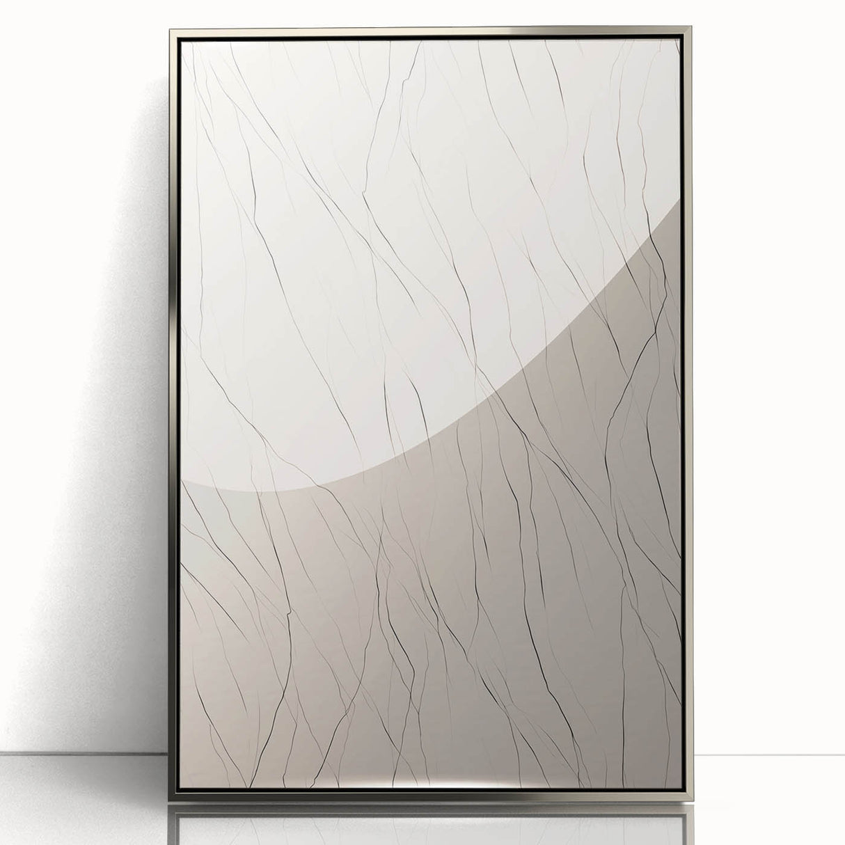 Framed abstract minimalist wall art displaying a silver acrylic design, showcasing a contemporary aesthetic perfect for modern home decor.