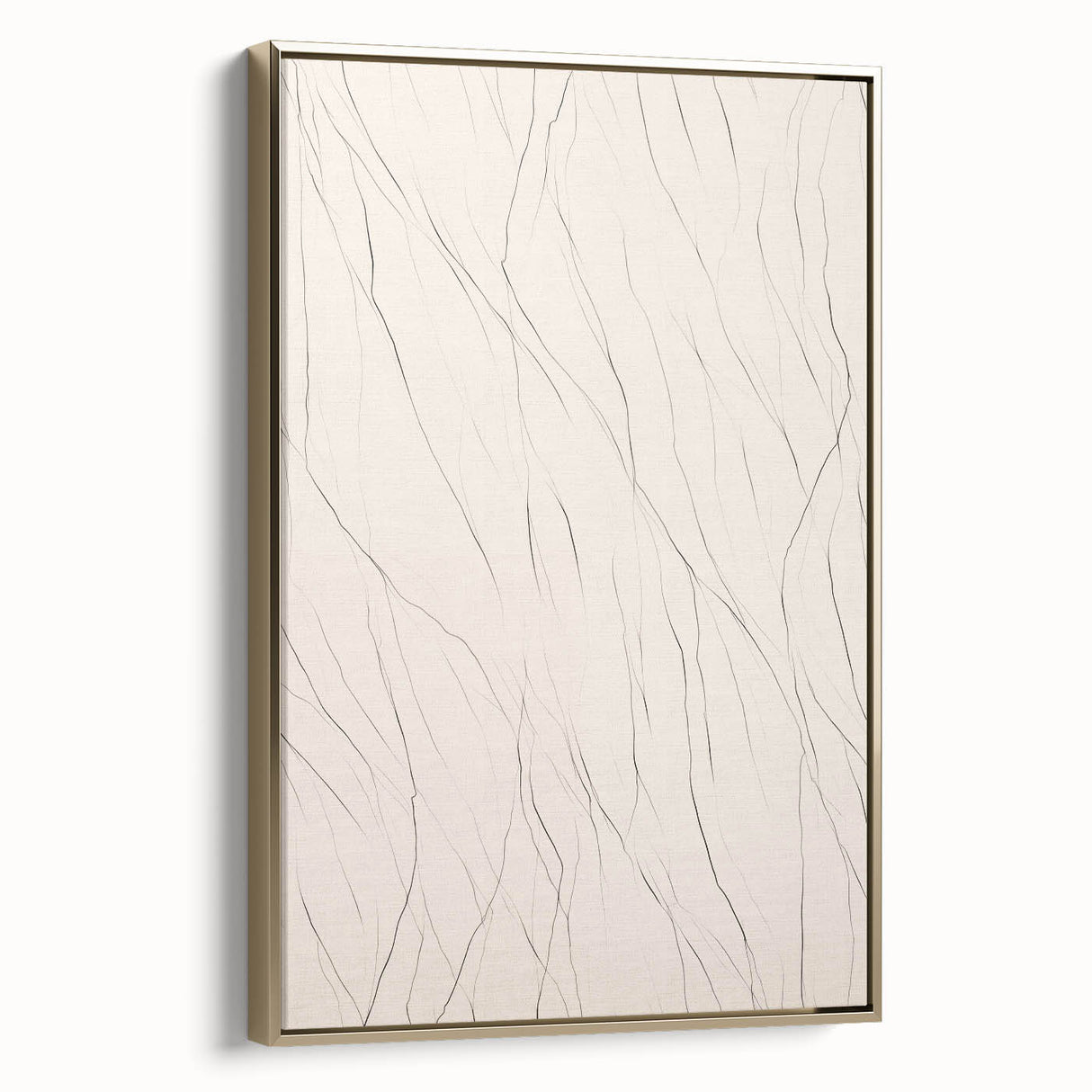 Framed abstract minimalist wall art piece featuring a gold and white color palette, showcasing sleek lines and geometric shapes, ideal for modern home decor.