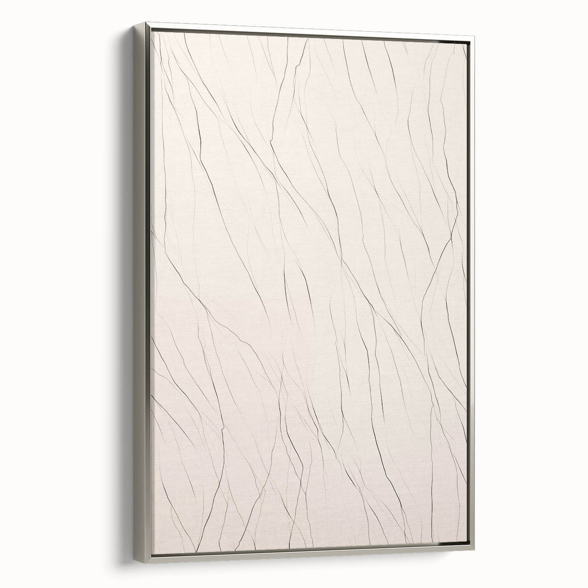 Framed minimalist wall art piece showcasing an abstract design with silver accents, positioned at a side angle to highlight its sleek profile and texture. Ideal for modern decor.