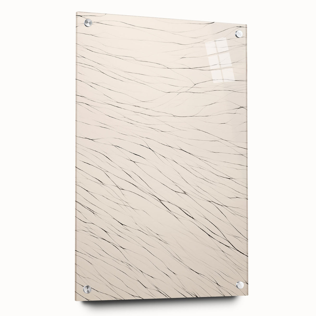 Acrylic glass wall art display showcasing an abstract minimalist design with a modern aesthetic, featuring a side view that highlights its sleek pins and clean lines. Ideal for contemporary home decor.