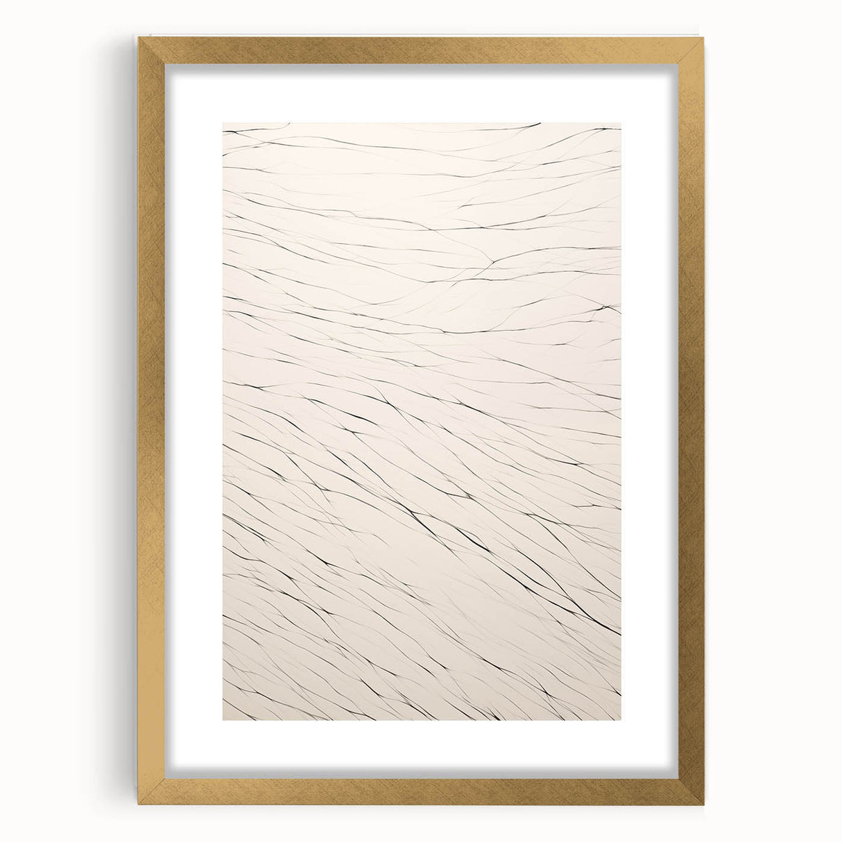 Abstract minimalist wall art design featuring a gold frame and mat, showcasing a modern geometric pattern, perfect for contemporary home decor accents.