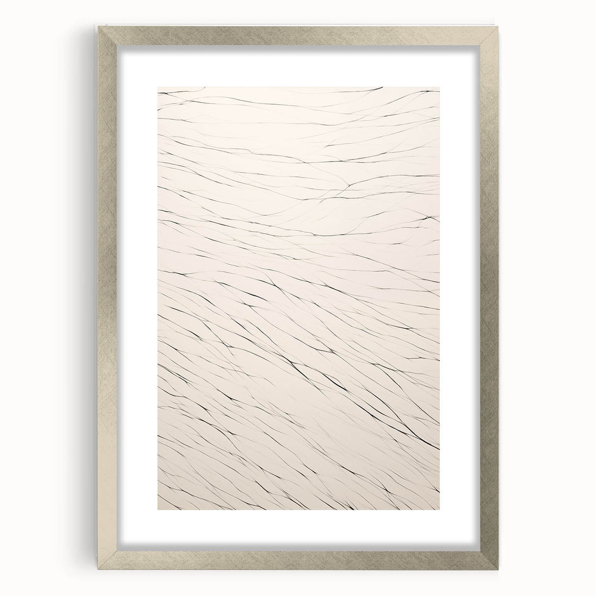 Abstract minimalist wall art collection featuring a silver-framed piece with a mat, showcasing a sleek design ideal for modern home decor. This artwork enhances interior aesthetics with its elegant simplicity and contemporary appeal.