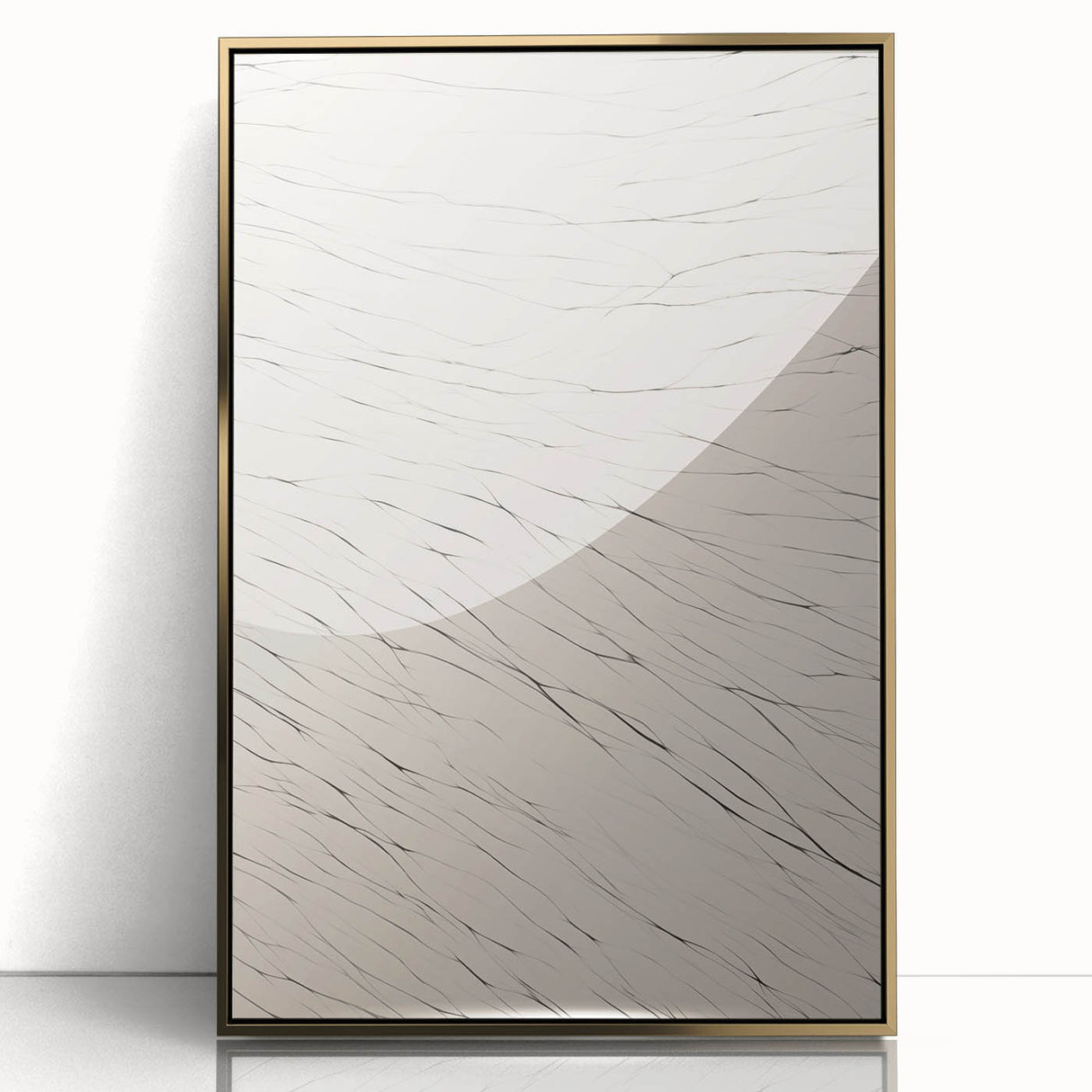 Framed abstract minimalist wall art featuring a gold-acrylic design with a sleek front view, ideal for contemporary home decor and sophistication.