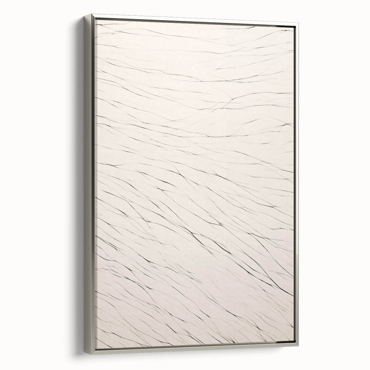 Framed canvas artwork showcasing an abstract minimalist design with silver accents, displayed at a side angle, perfect for modern home decor.