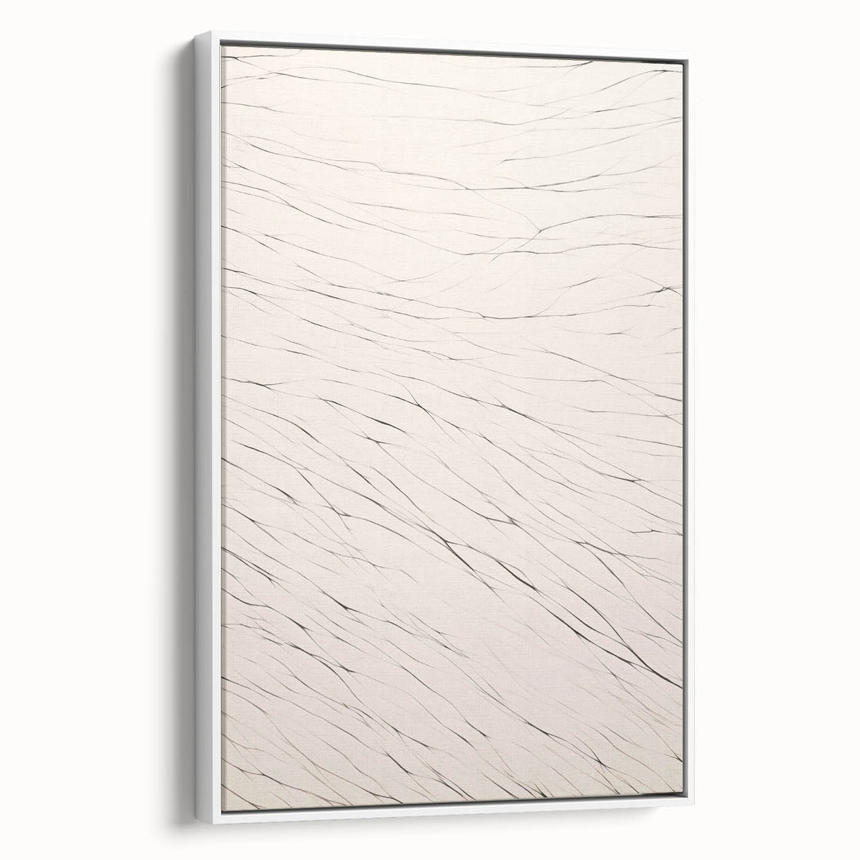 Framed abstract minimalist wall art collection showcasing a white canvas with subtle geometric designs, displayed from a side view, ideal for modern home decor.