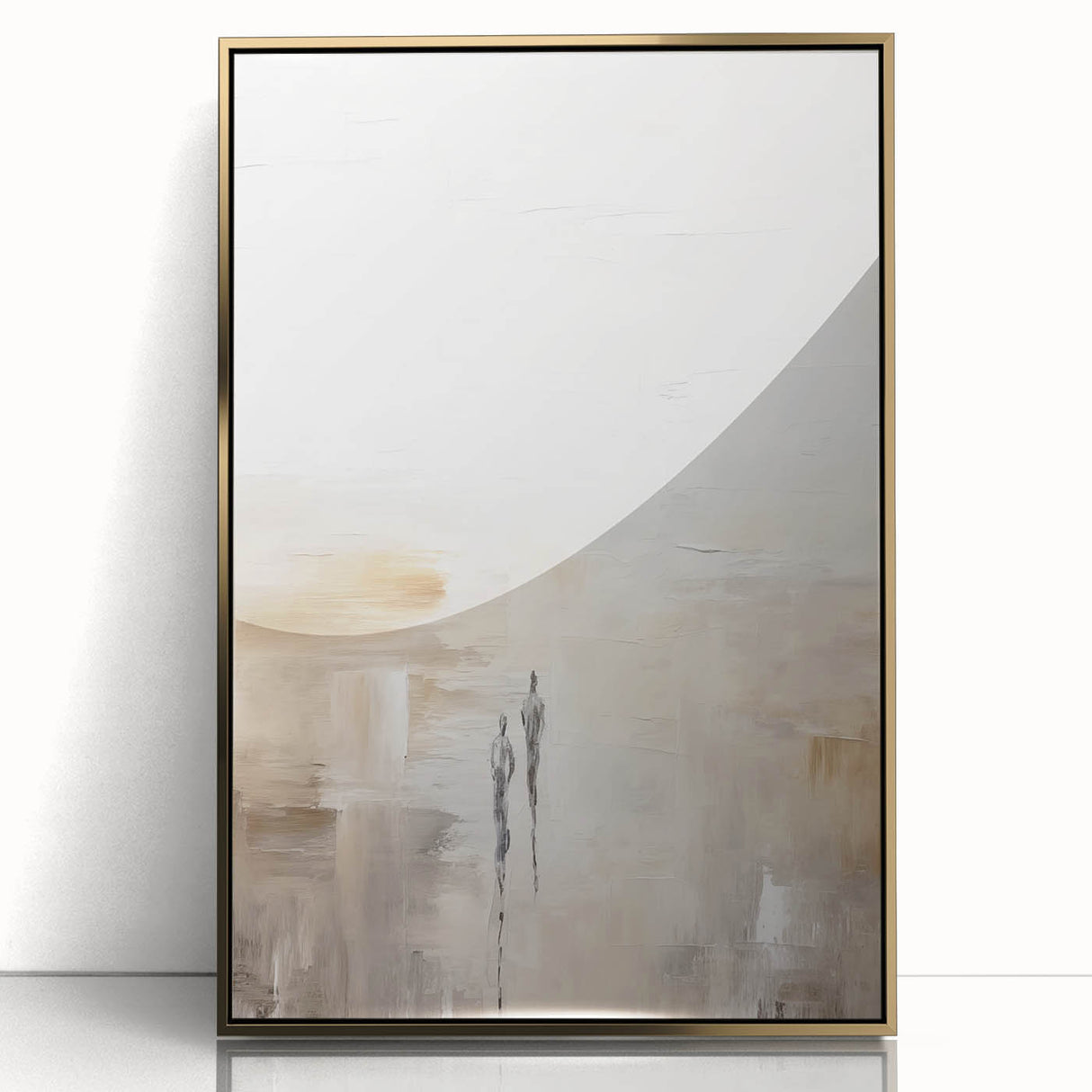 Framed abstract minimalist wall art featuring a gold-acrylic design, showcasing elegant lines and shapes against a neutral background, perfect for modern decor.