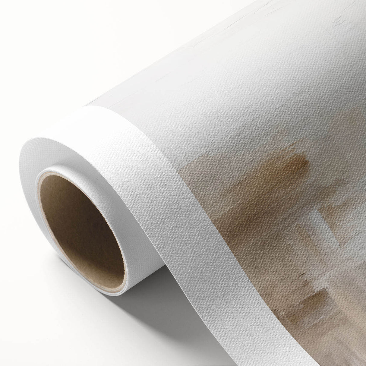 Abstract minimalist wall art featuring geometric shapes in soft pastel colors, elegantly rolled in a cardboard tube for easy transport and display.