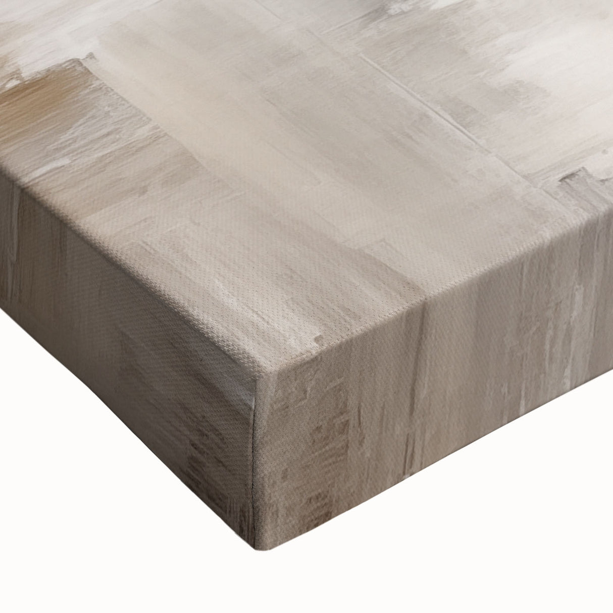 Close-up of an abstract minimalist wall art design on stretched canvas, showcasing soft earth tones and elegant shapes, ideal for modern home decor.