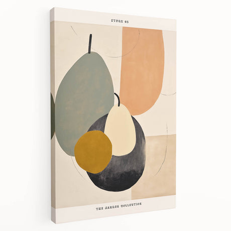 Stretched canvas showcasing an abstract minimalist design in soft earth tones, viewed from the side to highlight its depth and texture, perfect for modern home decor.