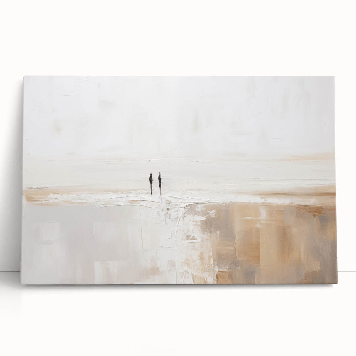 Abstract minimalist wall art design on stretched canvas, featuring soft earth tones and geometric shapes, displayed leaning against a neutral wall for a contemporary aesthetic. Perfect for modern home decor.