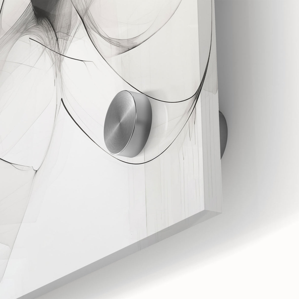 Close-up of an abstract minimalist wall art piece showcasing a blend of soft colors and geometric shapes, printed on acrylic glass for a sleek modern finish.