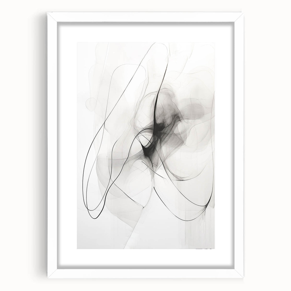 Abstract minimalist wall art collection featuring a framed piece with a white mat, showcasing geometric patterns and soft color tones, ideal for modern decor.