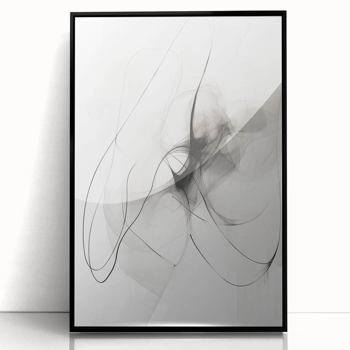 Framed abstract minimalist wall art showcasing a sleek black design, perfect for modern home decor. The acrylic frame enhances its contemporary aesthetic, ideal for living spaces.