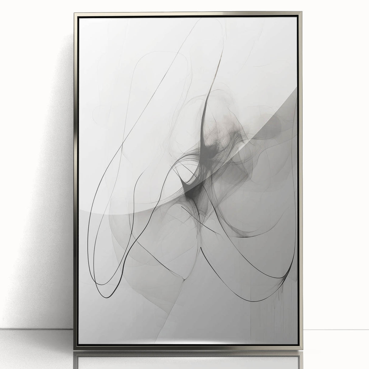 Framed abstract minimalist wall art design in silver tones, showcasing geometric patterns and a sleek acrylic finish, perfect for modern decor.