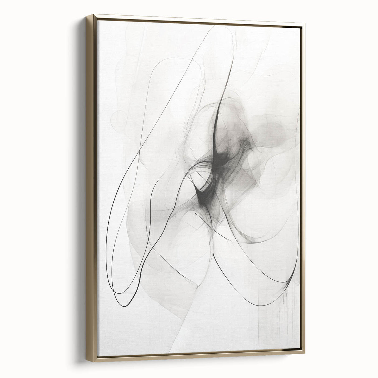 Framed canvas wall art featuring an abstract minimalist design with a gold color scheme, showcasing elegant lines and shapes for modern decor.