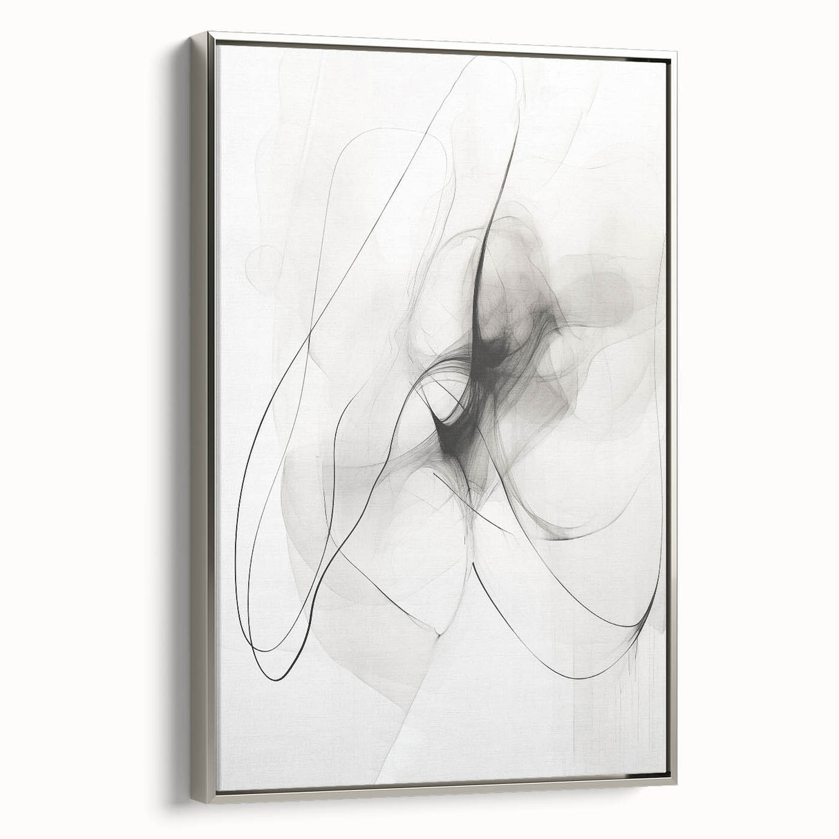 Framed canvas wall art showcasing an abstract minimalist design with silver accents, displayed in a modern setting, perfect for contemporary home decor.
