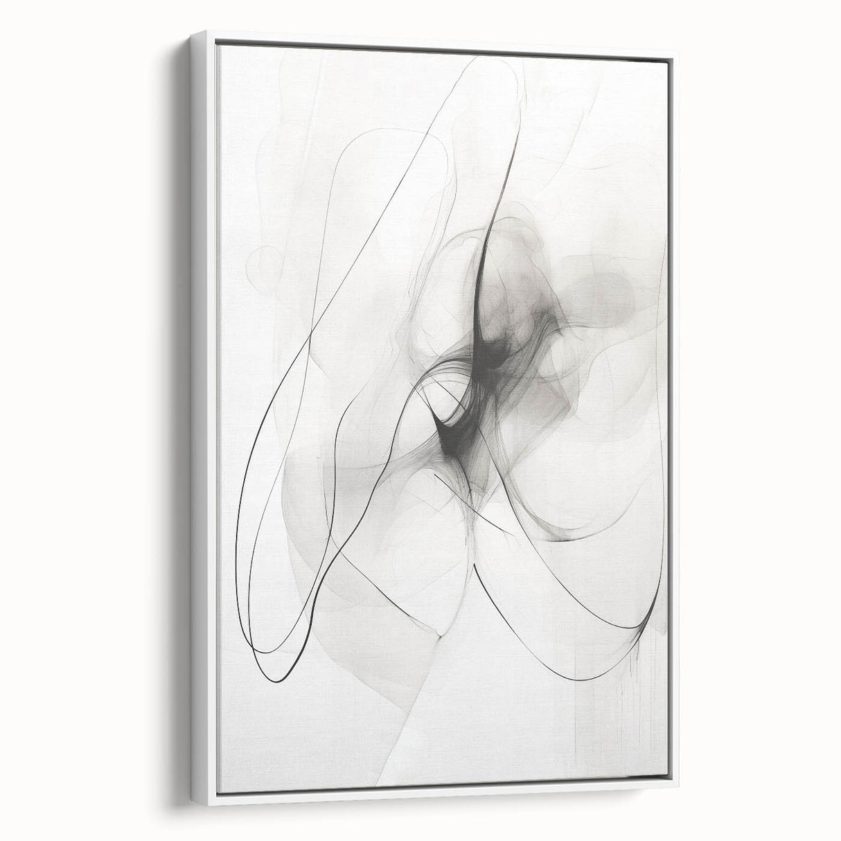 Framed abstract minimalist wall art featuring a modern design with soft white tones and subtle textures, showcased from a side view to highlight depth and elegance.