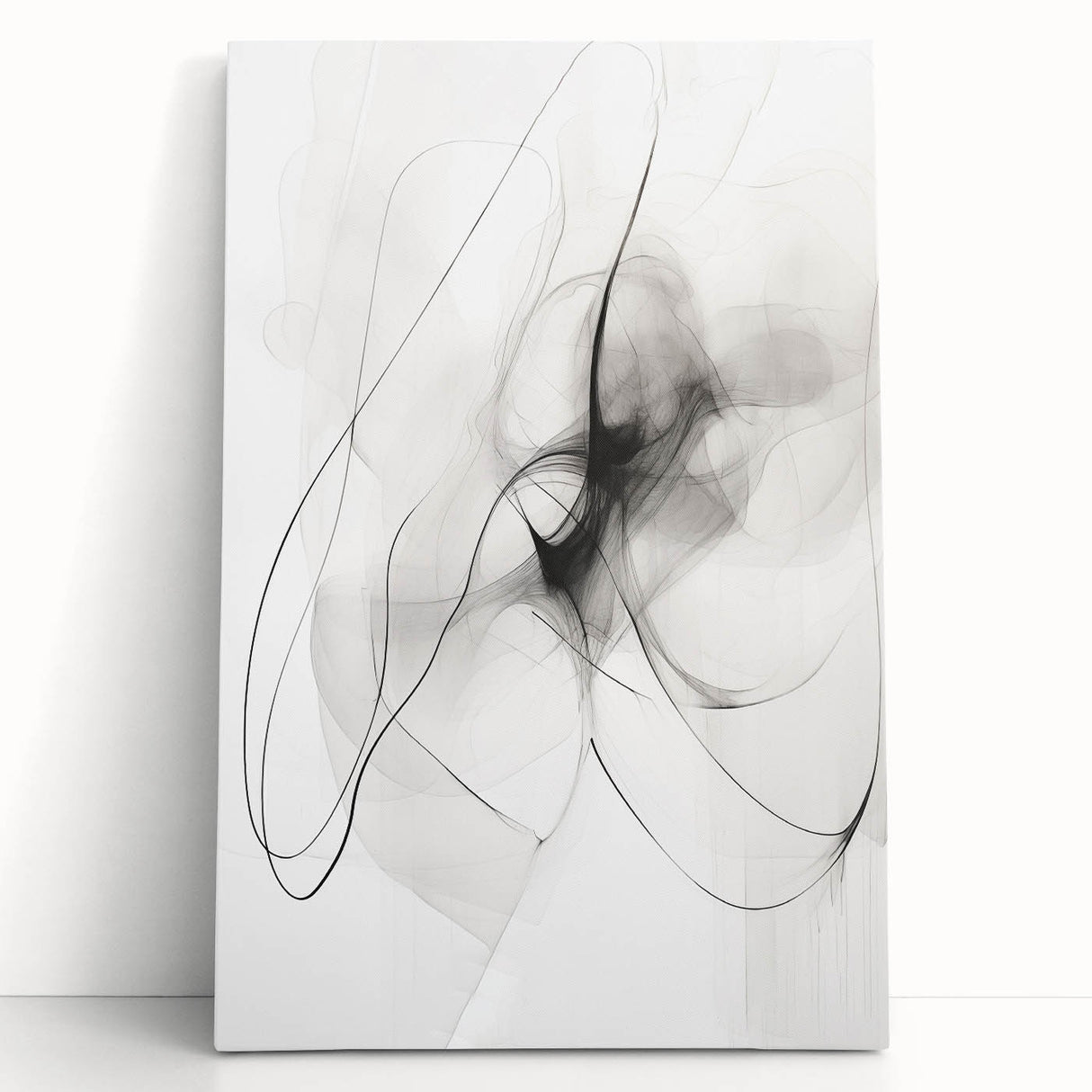 Abstract minimalist wall art on stretched canvas, showcasing a blend of soft pastel colors and geometric shapes, leaning against a neutral wall, perfect for modern decor.